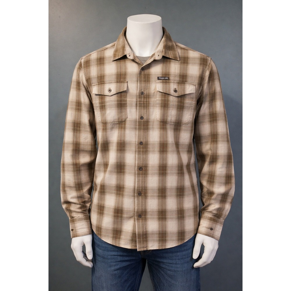 Wrangler Mens Plaid Long Sleeve Button Down Shirt Greyidh Tan Regular Fit Medium